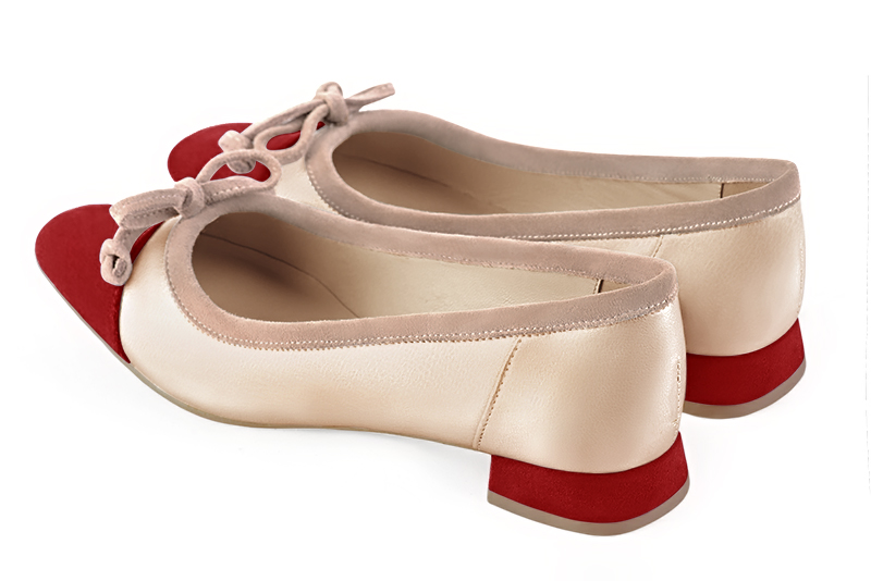 Cardinal red, gold and biscuit beige women's ballet pumps, with low heels. Square toe. Flat flare heels. Rear view - Florence KOOIJMAN